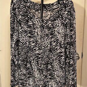 Women’s XL Tie-Bottom Animal-Print Black White Blouse by Bleeker & McDougal EUC